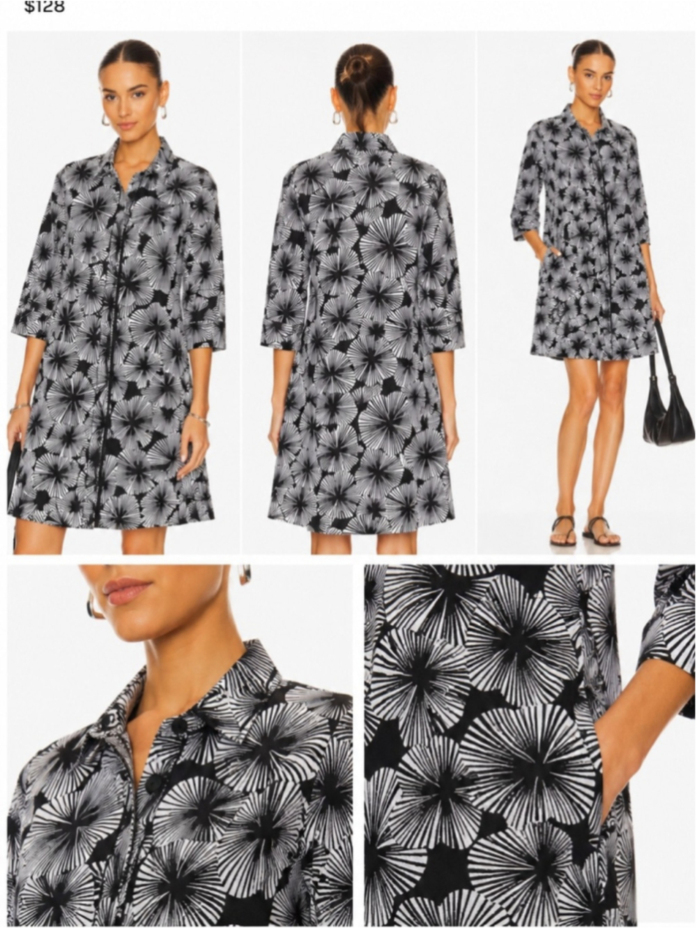 Zuri 100% Cotton Button-Front Shirt Dress| Black & White Graphic Print Size S - Picture 2 of 10